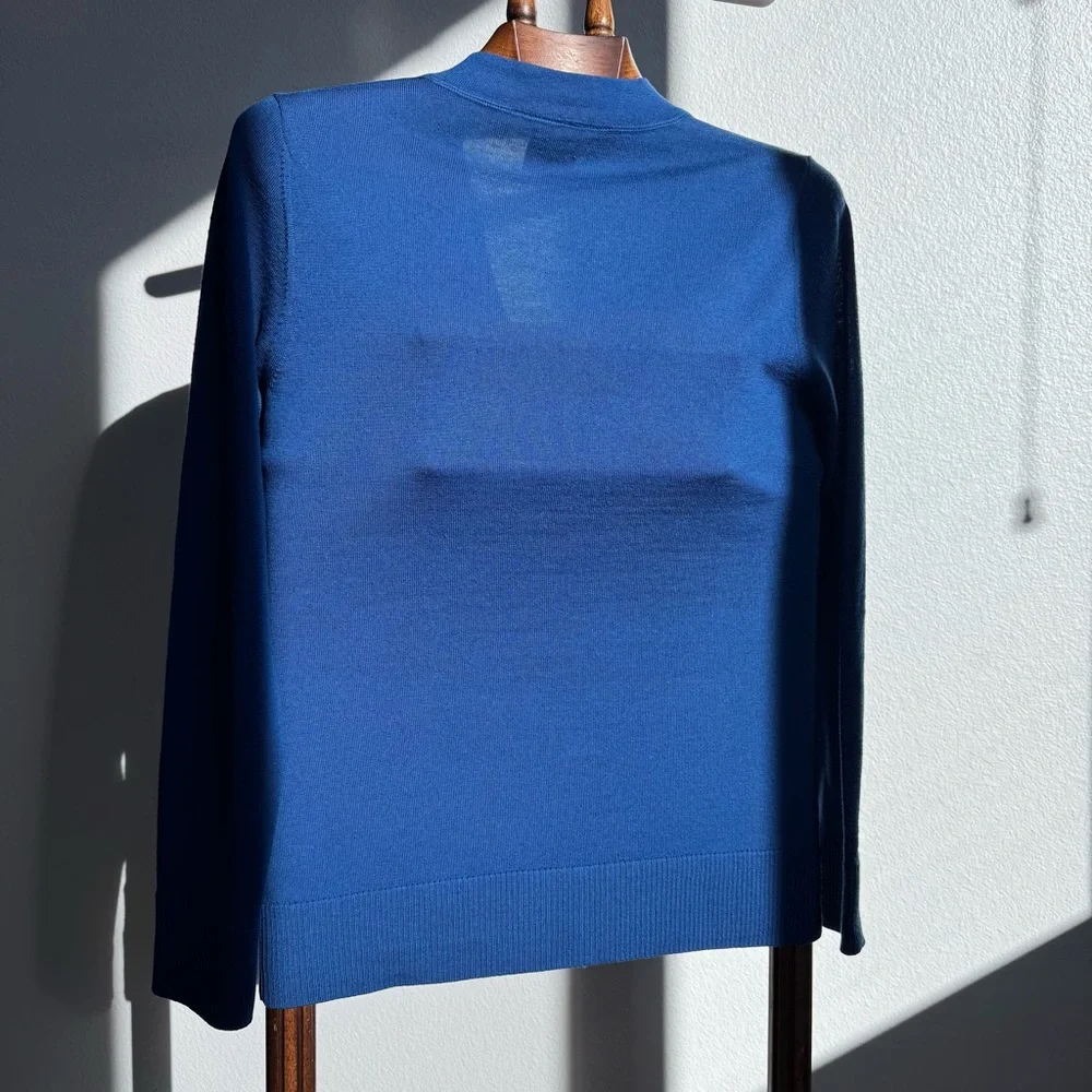 Tory Burch 100% Merino Wool Logo Button V-Neck Cardigan Sweater Blue M